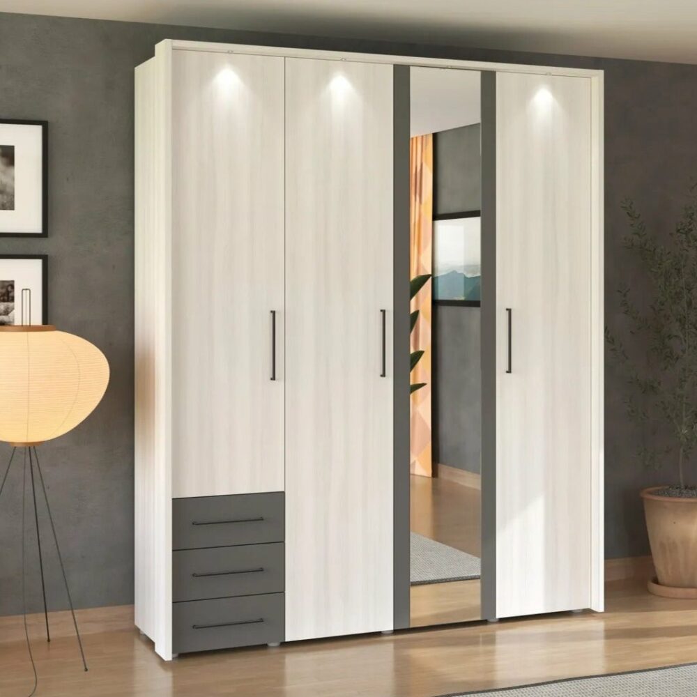 Armoire_4_portes_3_tiroirs_SIDON_blanc_gris_et_anthracite Armoire 4 portes 3 tiroirs SIDON blanc grisé et anthracite