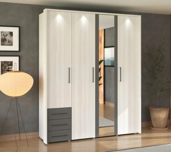 Armoire_4_portes_3_tiroirs_SIDON_blanc_gris_et_anthracite Armoire 4 portes 3 tiroirs SIDON blanc grisé et anthracite