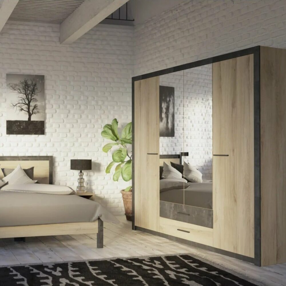 Armoire_4_portes_avec_miroir_COLO_ling_re_et_penderie_imitation_ch_ne_et_noir Armoire 4 portes avec miroir COLO lingère et penderie imitation chêne et noir