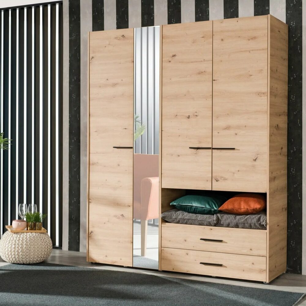 Armoire avec miroir, étagères, penderie et tiroirs LEON imitation Chêne et noir