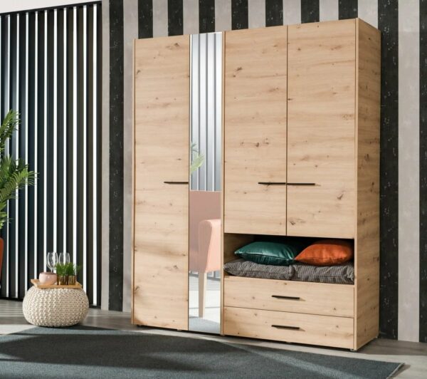 Armoire_avec_miroir_tag_res_penderie_et_tiroirs_LEON_imitation_Ch_ne_et_noir Armoire avec miroir, étagères, penderie et tiroirs LEON imitation Chêne et noir