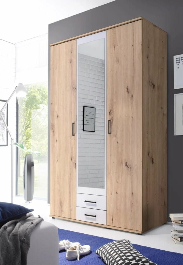 Armoire avec penderie et tiroirs ARTY Blanc et imitation chêne