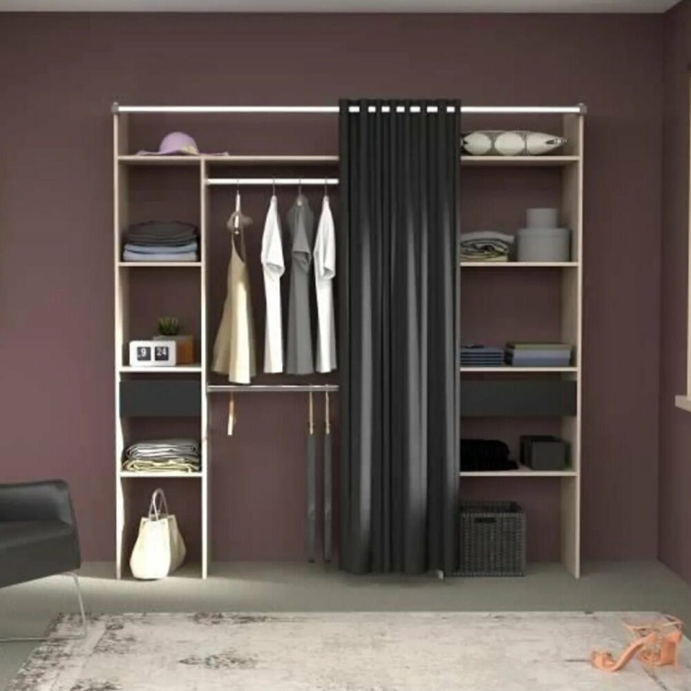 Dressing_Avec_Rideau_-_2_Colonnes_Avec_2_Tiroirs_2_Penderies_-_D_cor_Ch_ne_Jackson_Et_Noir_-_Como Dressing Avec Rideau - 2 Colonnes Avec 2 Tiroirs + 2 Penderies - Décor Chêne Jackson Et Noir - Como