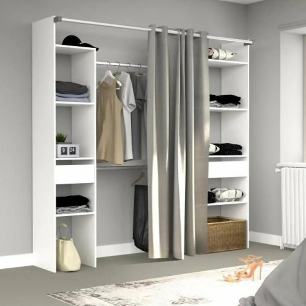 Dressing_Avec_Rideau_-_2_Tiroirs_Et_2_Colonnes_-_D_cor_Blanc_-_L_198_X_P_40_X_H_203_Cm_-_Artic Dressing Avec Rideau - 2 Tiroirs Et 2 Colonnes - Décor Blanc - L 198 X P 40 X H 203 Cm - Artic