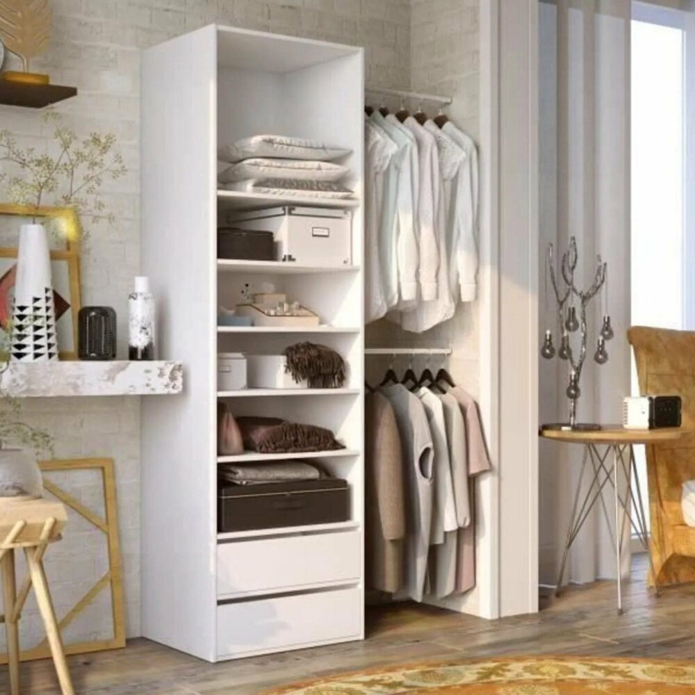 Kit Dressing 1 Colonne 2 Penderies Et 2 Tiroirs - Blanc - L 117 X P 48 X H 200
