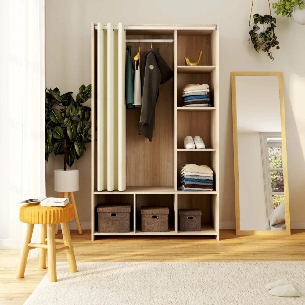 Kit_dressing_avec_rideau_beige_L.105_cm_OPTIMAL_2_imitation_ch_ne Kit dressing avec rideau beige L.105 cm OPTIMAL 2 imitation chêne