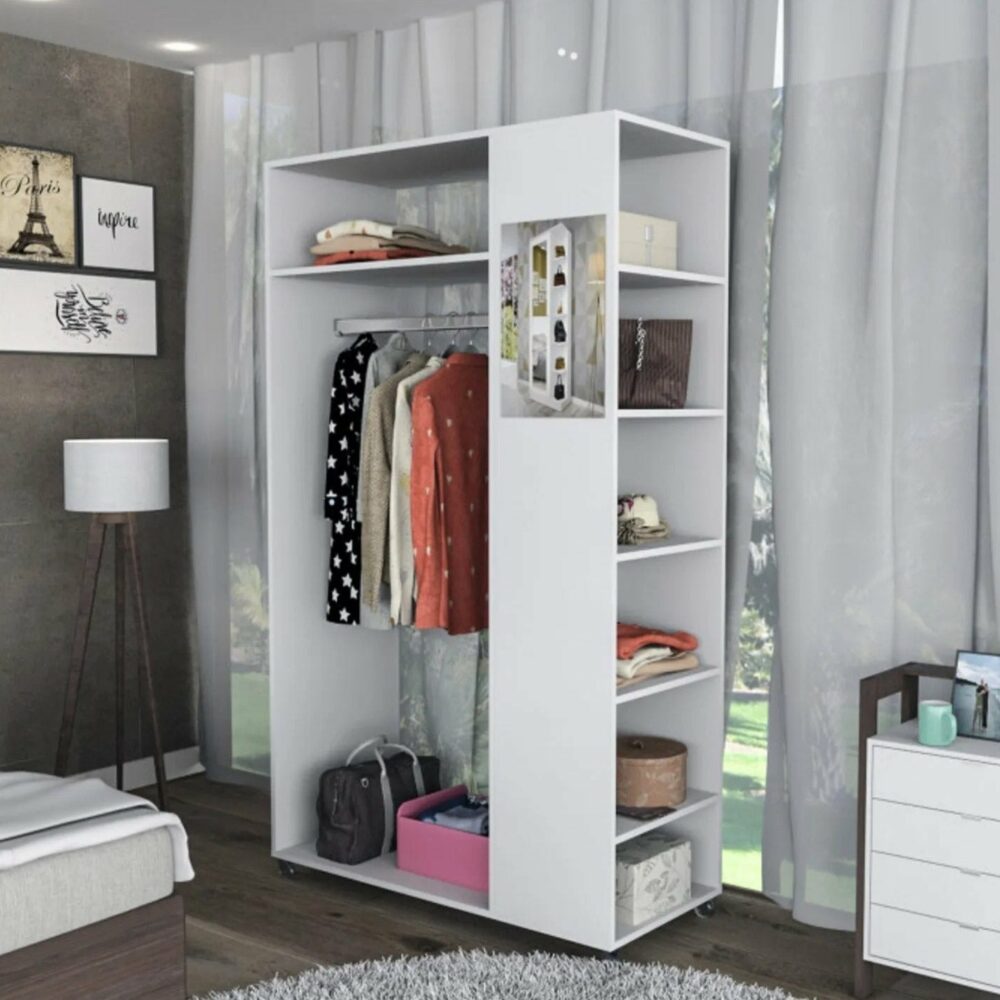 Meuble_Dressing_Penderie_Blanc_8_Niches_Miroir_Roulettes_L_100_H_174_P_45_Cm Meuble Dressing Penderie Blanc 8 Niches Miroir Roulettes L 100 H 174 P 45 Cm