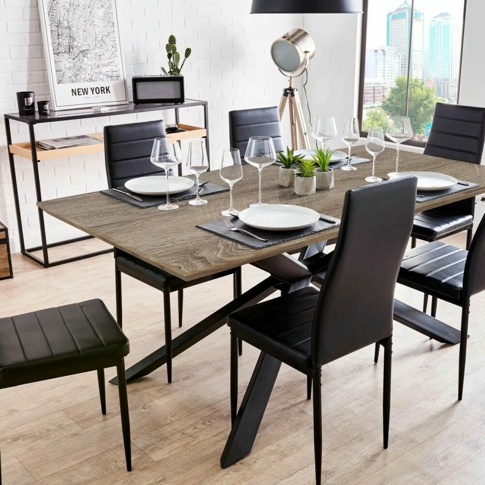 Table à manger L.180 cm ARYA imitation chêne gris et noir