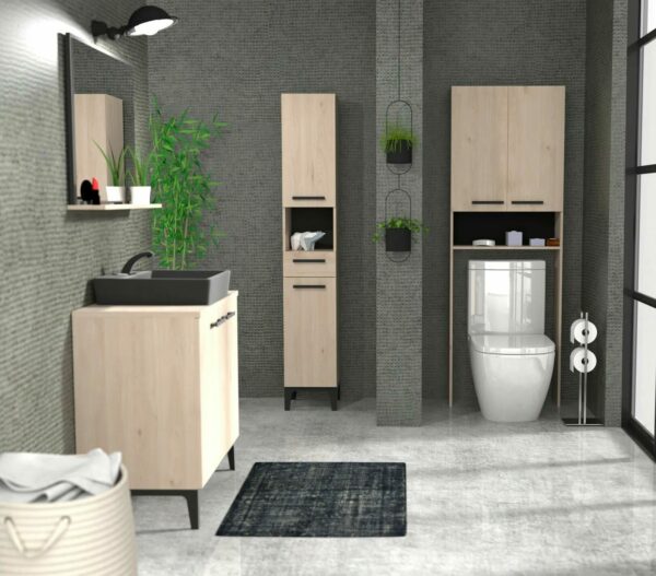 Colonne de salle de bain BROOKLYN 2 portes 3 étagères imitation chêne