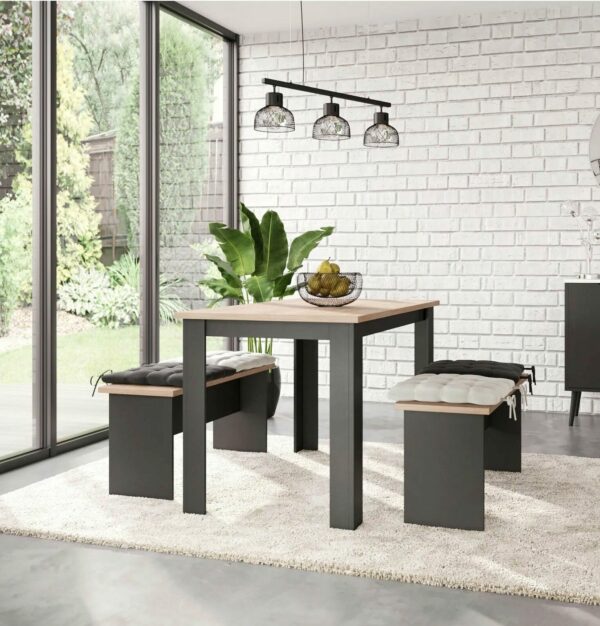 Ensemble table à manger et 2 bancs PASTA noir et imitation chêne