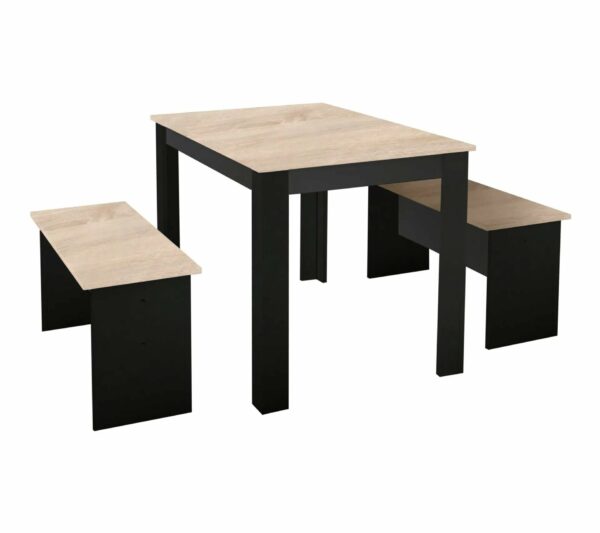 Ensemble table à manger et 2 bancs PASTA noir et imitation chêne