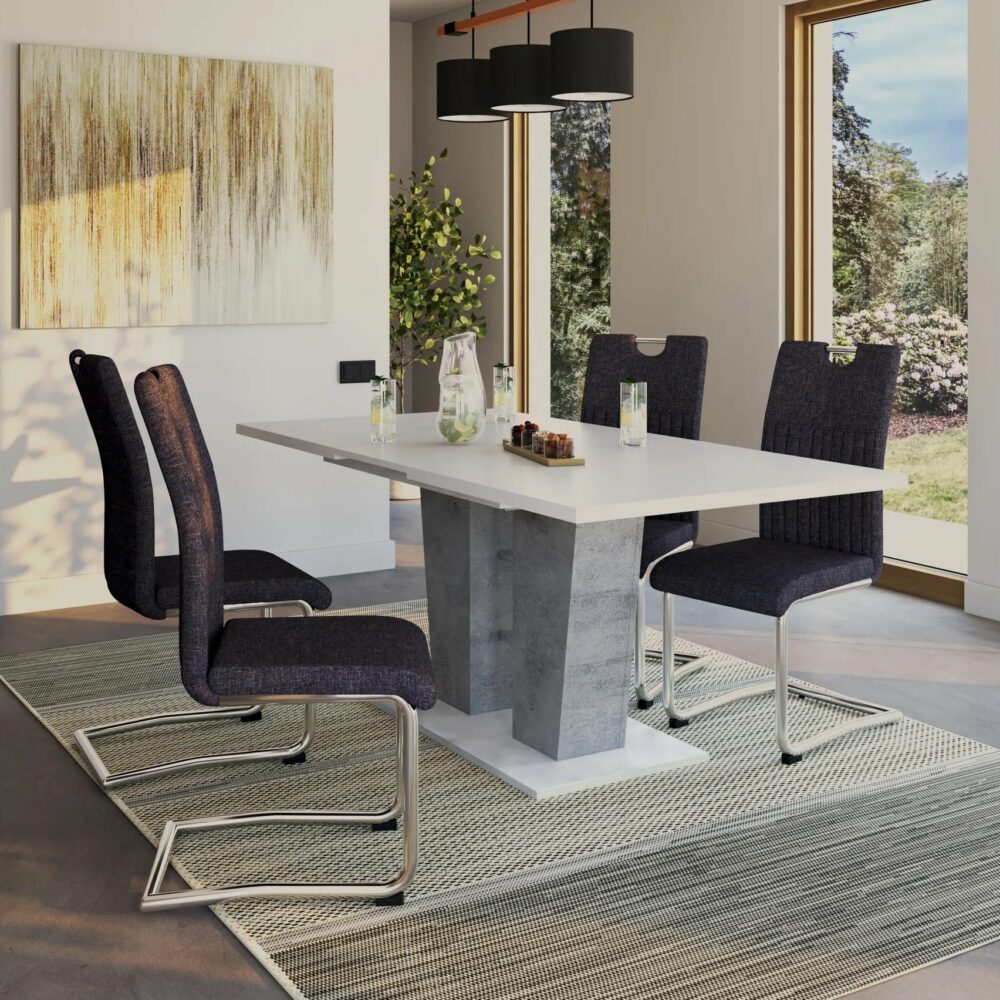 Table extensible L.140 à 180 cm LEXIE blanc et imitation béton