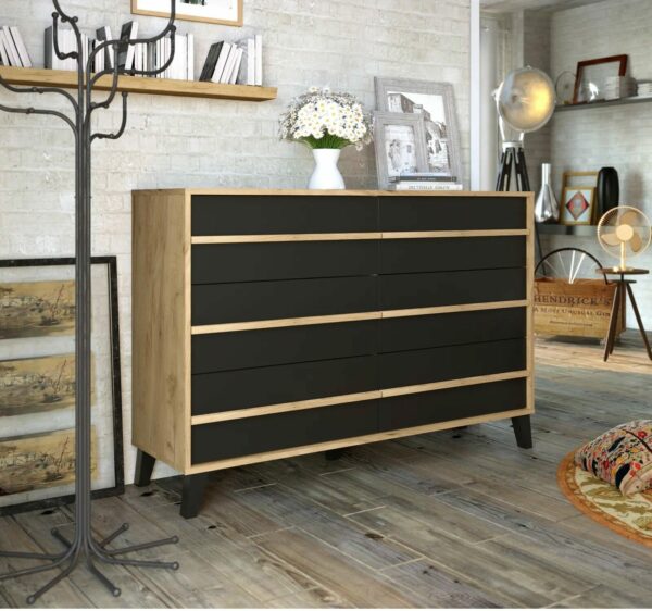 Commode 6 tiroirs OTTAWA imitation Chêne et noir