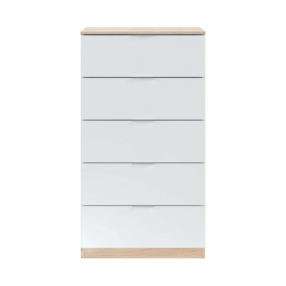 Commode 5 tiroirs LINEA Blanc et imitation chêne