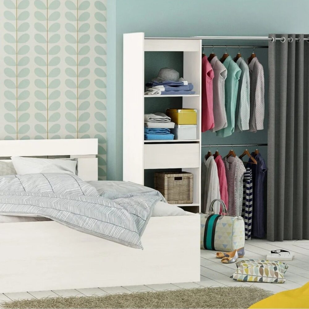 Armoire dressing extensible MOKA Blanc perle et rideau gris
