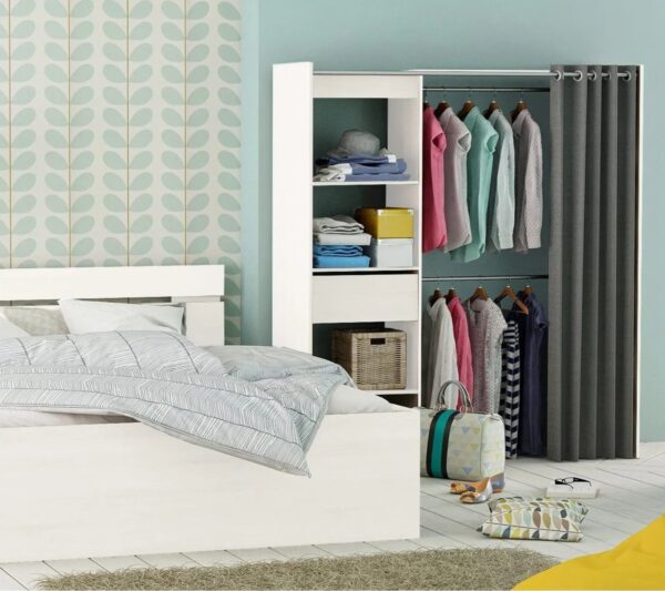 Armoire_dressing_extensible_MOKA_Blanc_perle_et_rideau_gris Armoire dressing extensible MOKA Blanc perle et rideau gris