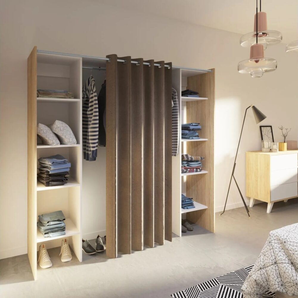 Dressing Tom Chêne Naturel Et Rideau Taupe Deux Colonnes 185,3 X 182