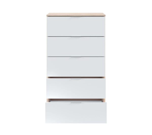 Commode 5 tiroirs LINEA Blanc et imitation chêne