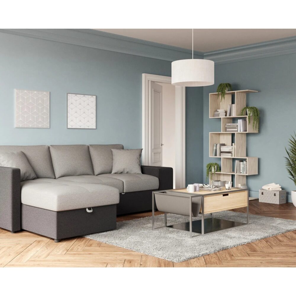 Canapé d'angle gauche convertible avec coffre EVERY tissu gris foncé et gris clair