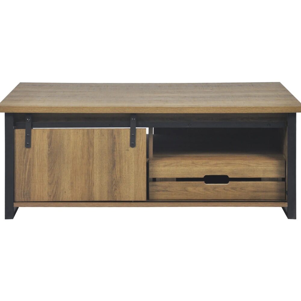 Table basse avec rangements CAISSE imitation chêne et noir