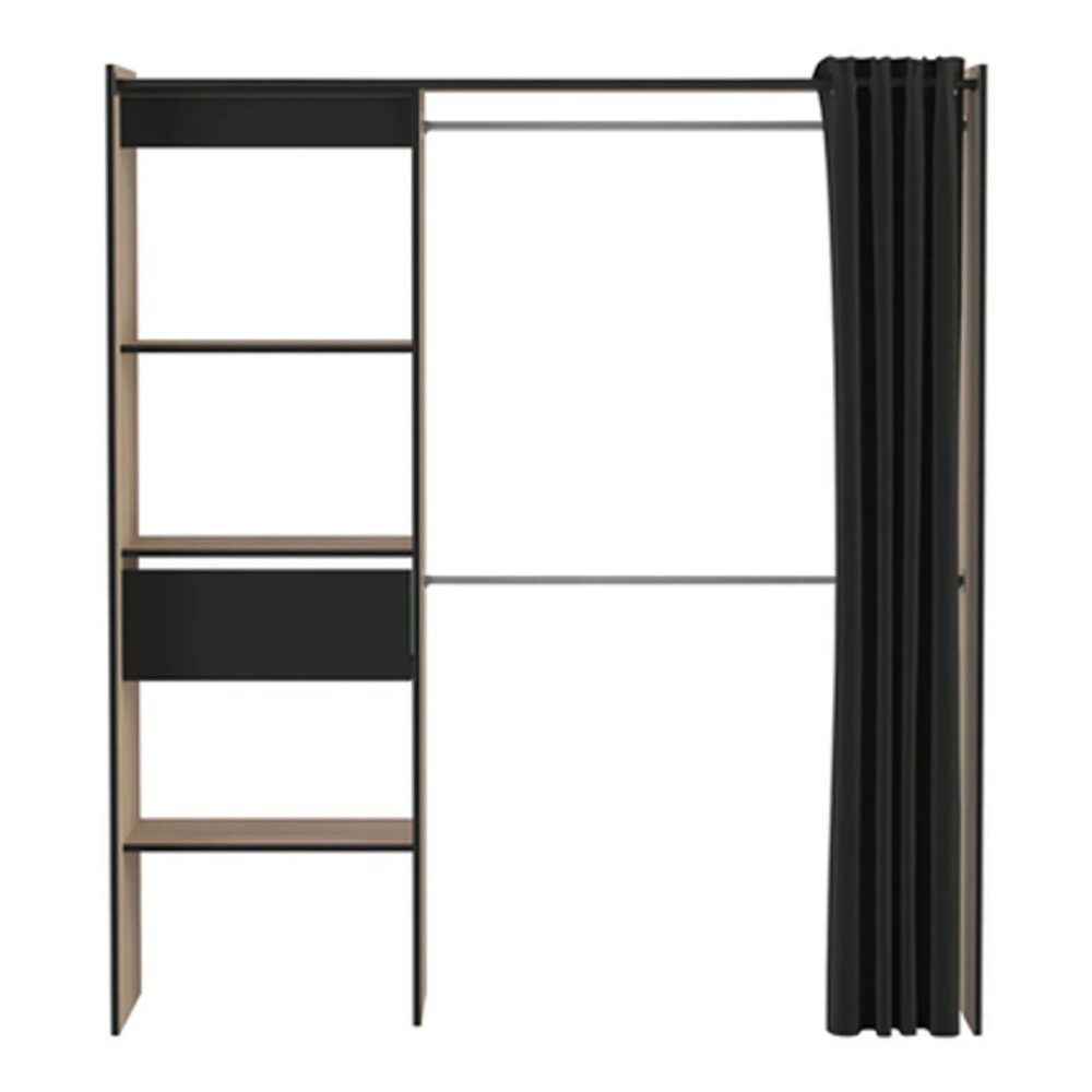 Kit Placard Avec Rideau Coloris Chêne Brosse/noir Mat - 168,2 X 187 X 50 Cm