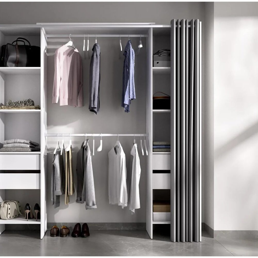 Armoire Dressing Extensible Avec Rideau + 4 Tiroirs Coloris Blanc - L. 100-180 X H. 203 X P. 50 Cm