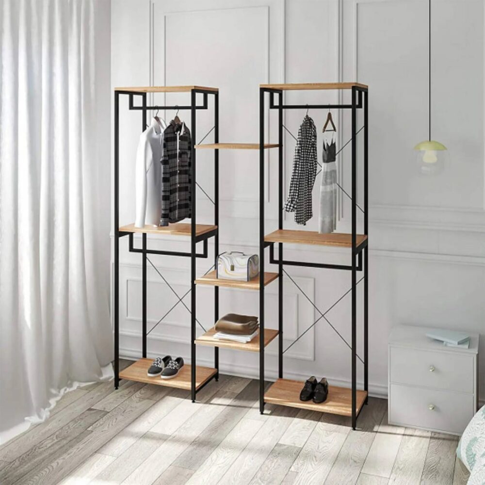 Portant.meuble Rangement Pour Vêtements.penderie Ouverte En Acier+mdf.chêne+noir.165x39.8x204.6cm