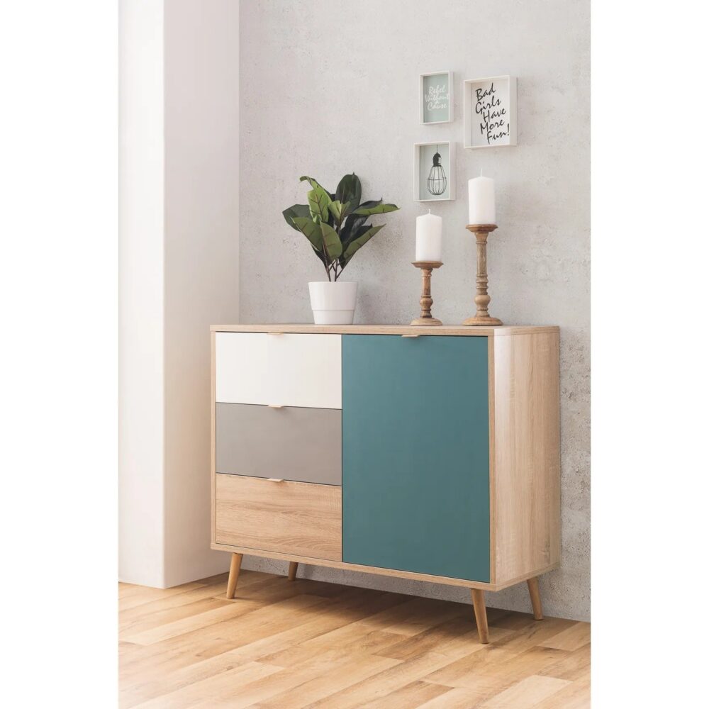 Rangement scandinave ARUBA Chêne, gris, bleu et blanc