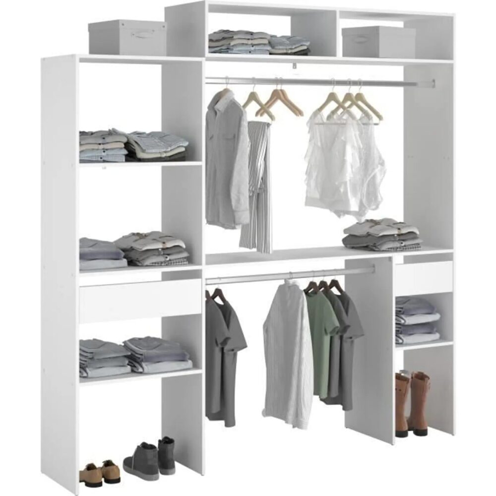 Kit Dressing Extensible Artic Ekipa - 2 Penderies + 2 Tiroirs + 1 Surmeuble - L198 X P40 X H202 Cm
