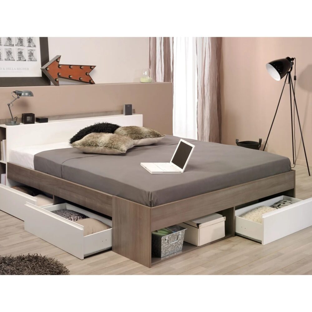 Lit 140x190/200 cm avec rangements PUZZLE imitation noyer et blanc