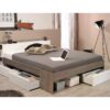 Lit 140x190/200 cm avec rangements PUZZLE imitation noyer et blanc