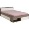 Lit 140x190/200 cm avec rangements PUZZLE imitation noyer et blanc