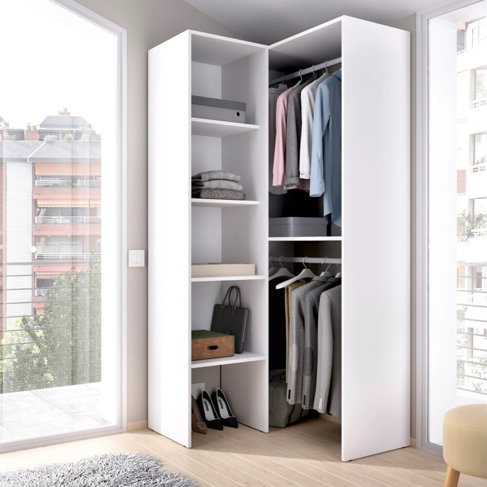 Armoire Dressing D'angle En Panneaux De Particules Mélaminés Coloris Blanc