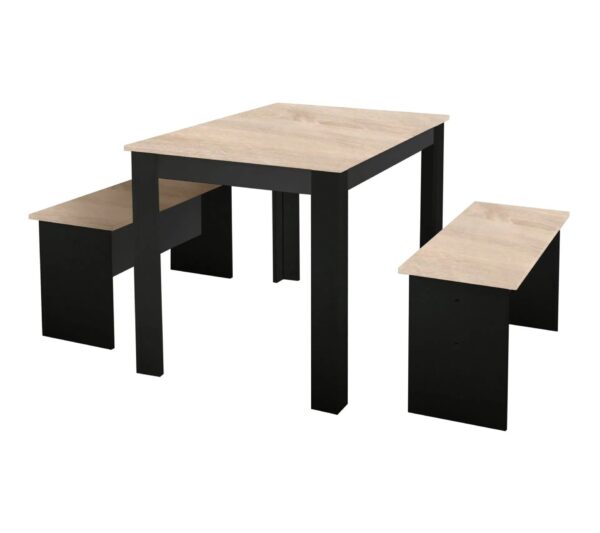 Ensemble table à manger et 2 bancs PASTA noir et imitation chêne