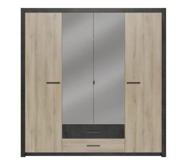 Armoire 4 portes avec miroir COLO lingère et penderie imitation chêne et noir