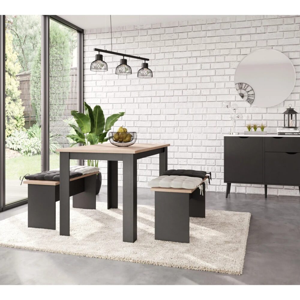Ensemble table à manger et 2 bancs PASTA noir et imitation chêne
