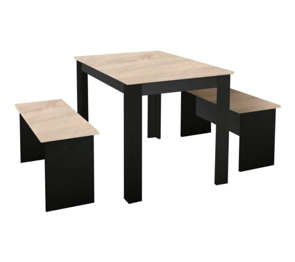 Ensemble table à manger et 2 bancs PASTA noir et imitation chêne