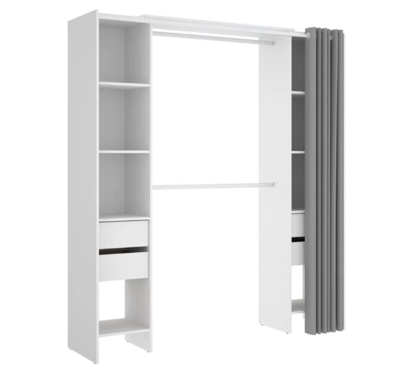 Armoire Dressing Extensible Avec Rideau + 4 Tiroirs Coloris Blanc - L. 100-180 X H. 203 X P. 50 Cm