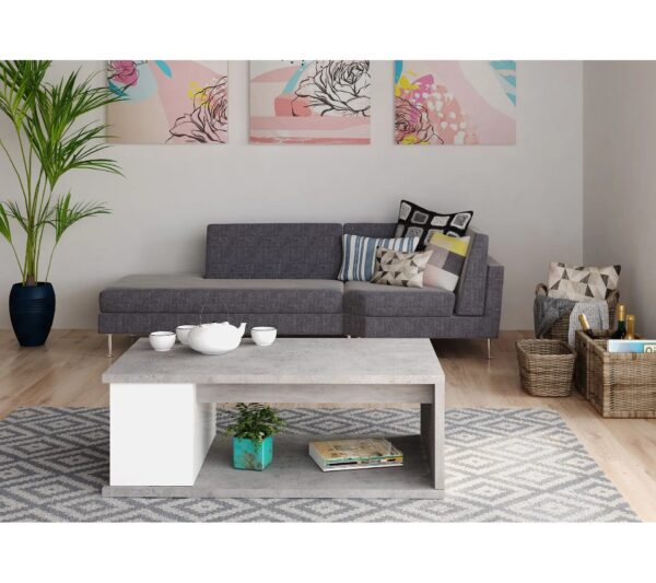 Table basse plateau relevable avec coffre DESPACITO Imitation béton et blanc