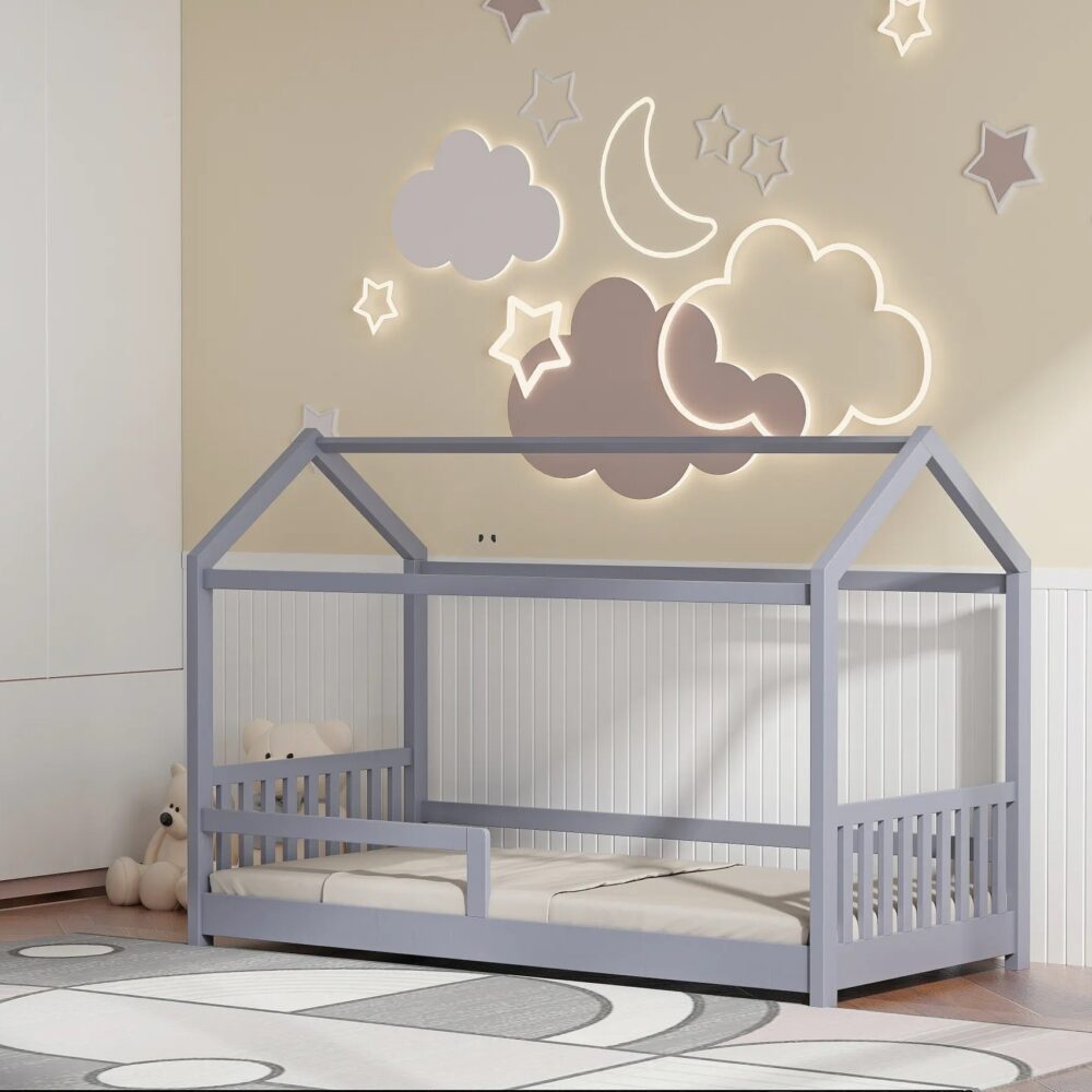 Lit cabane 90x190 cm HUTTY gris avec sommier inclus