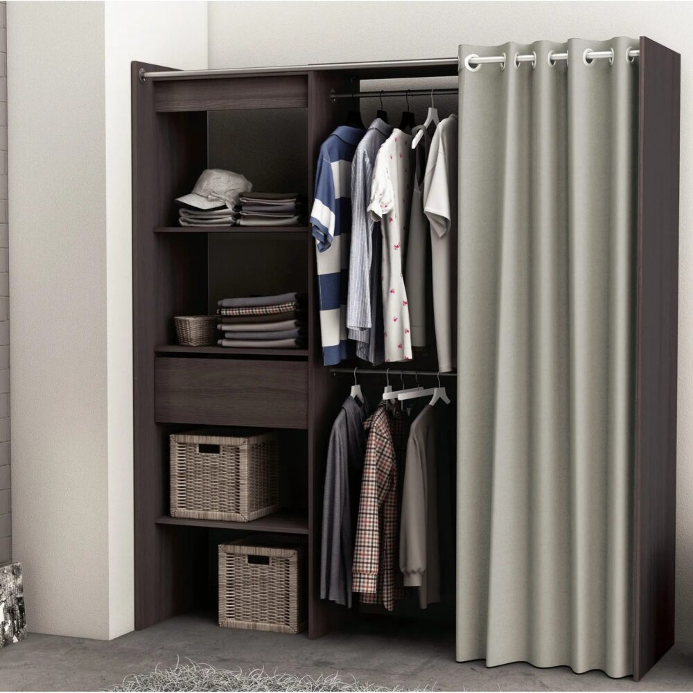 Armoire dressing extensible avec rideau MOKA imitation chêne foncé wengé