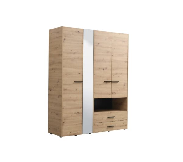Armoire avec miroir, étagères, penderie et tiroirs LEON imitation Chêne et noir