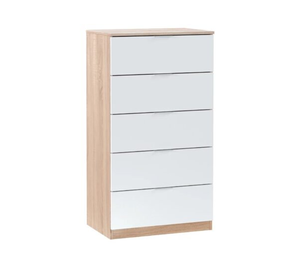 Commode 5 tiroirs LINEA Blanc et imitation chêne