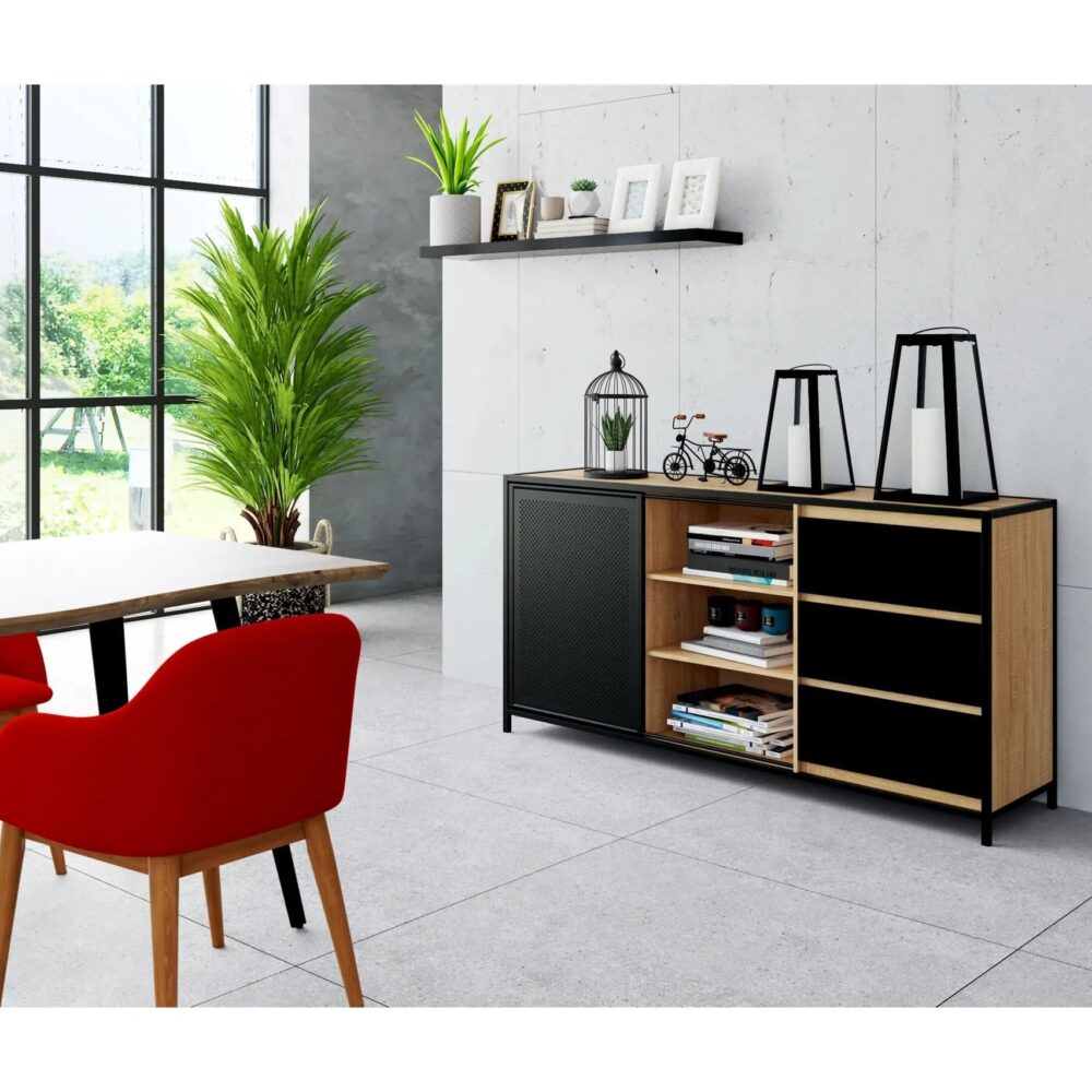 Buffet 1 porte 6 niches OSKAR imitation Chêne et noir