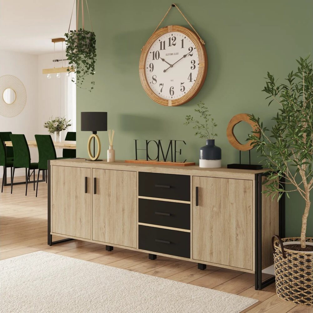 Buffet 3 portes PARKER imitation chêne et noir