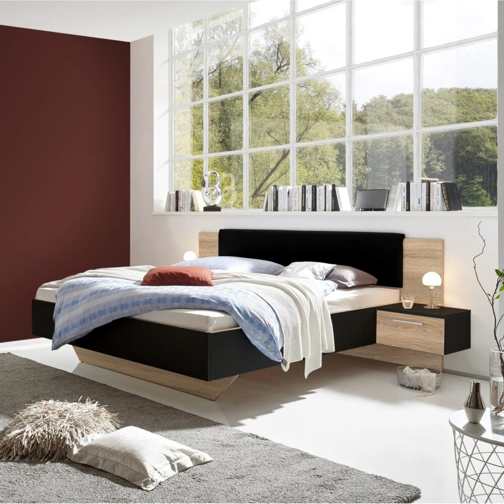 Lit 140x190 cm avec chevets suspendus GRAVITA noir
