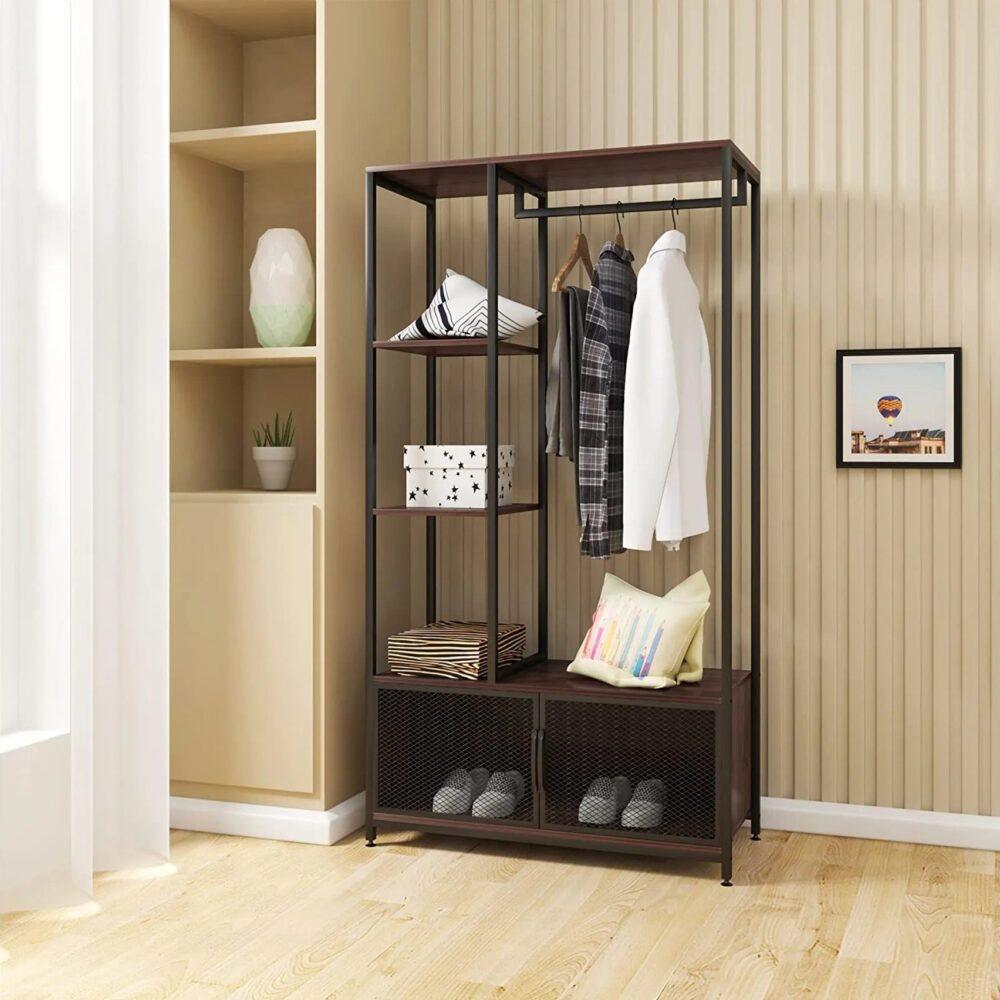 Portemanteau Avec Compartiment De Rangement. Portant À Vêtements. En Bois Et Métal. Hêtre Foncé