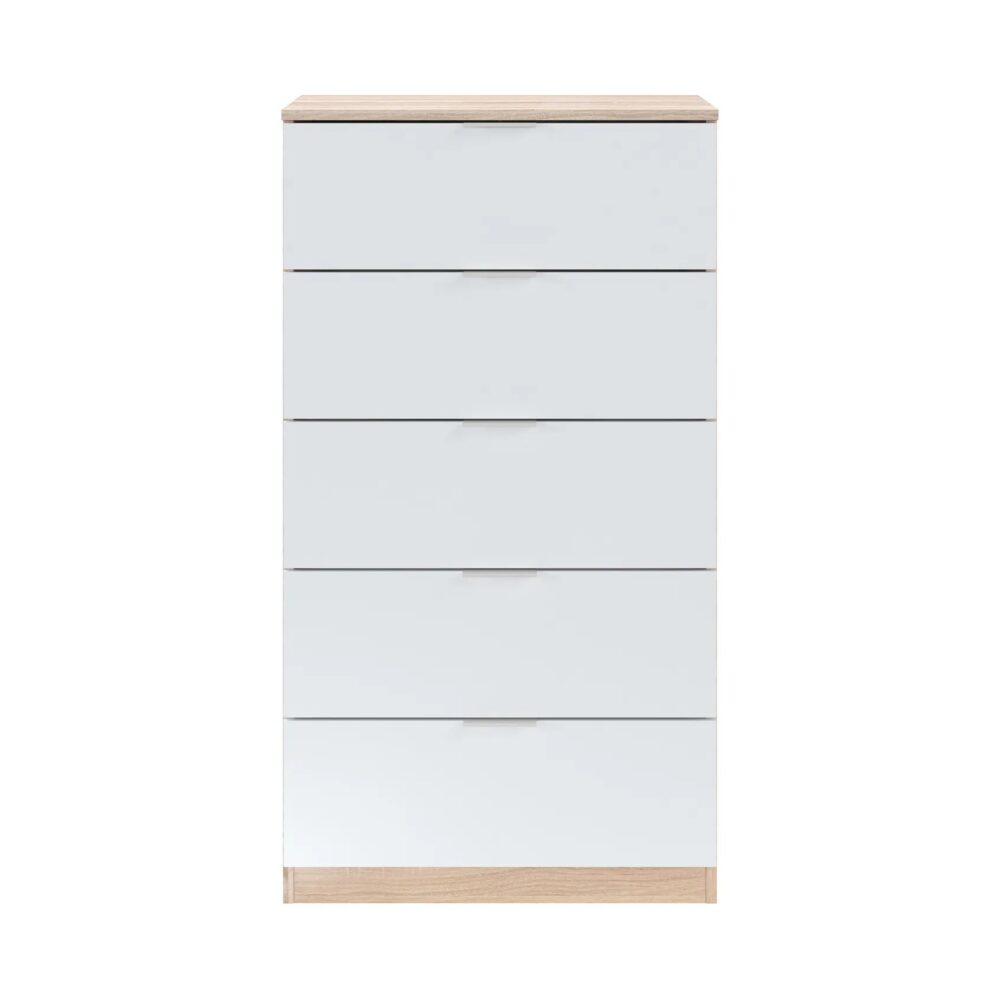 Commode 5 tiroirs LINEA Blanc et imitation chêne