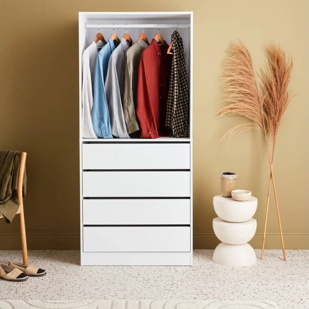 Module Dressing Avec 4 Tiroirs Et 1 Penderie Blanc. Panneaux Stratifiés