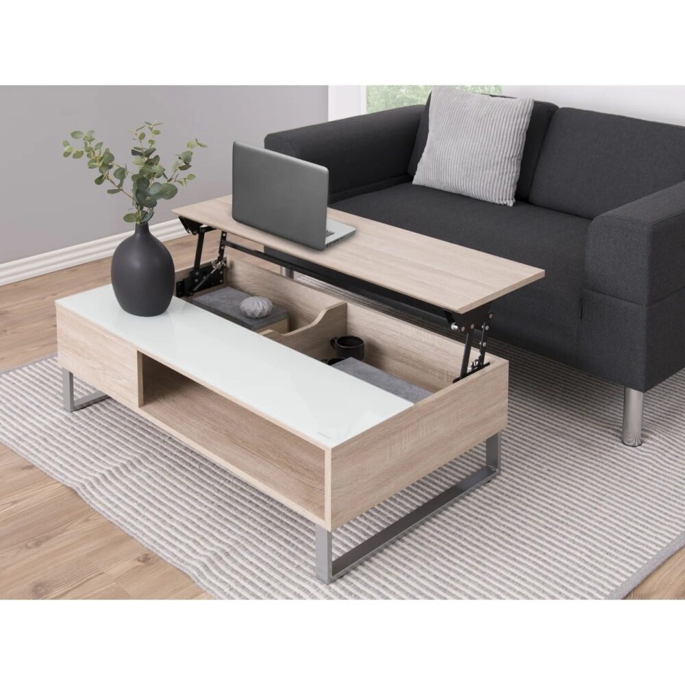 Table basse plateau relevable AZALEA Blanc et imitation chêne